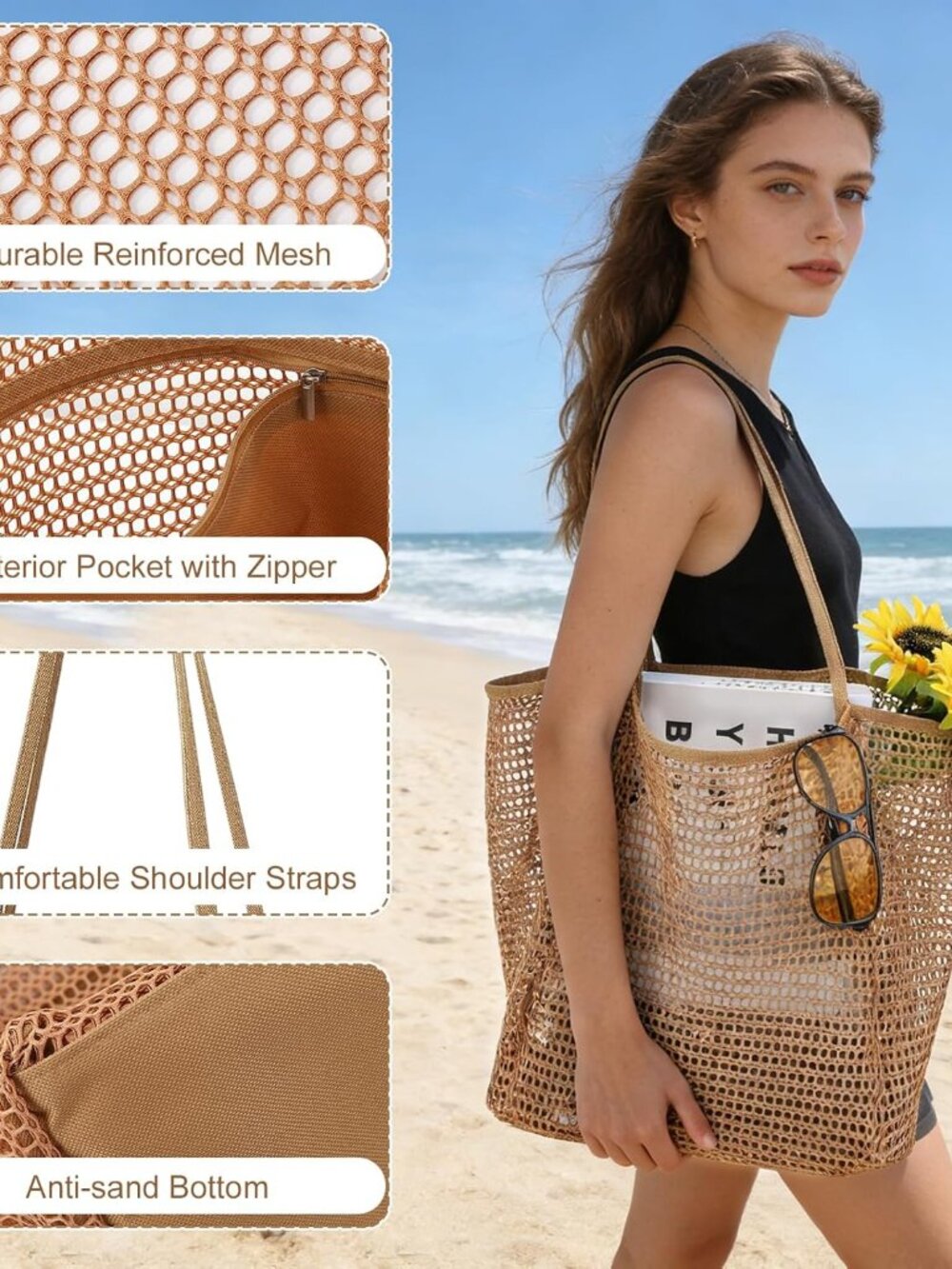 10 Pcs Mesh Beach Tote Bags and Straw Hat Set, Foldable Straw Hat Mesh Tote Bag - Picture 3 of 9